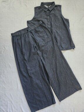 EILEEN FISHER 2-Piece Set Large Denim Wide Leg Ankle Pants Sleeveless Shirt NWT